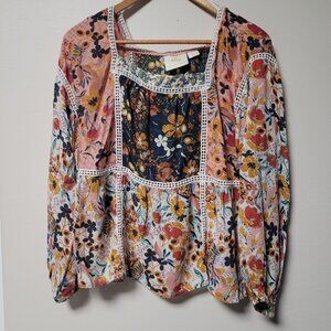 Maeve Nikki Anthropologie Floral Peasant Blouse Boho Cottagecore Square Neck Top